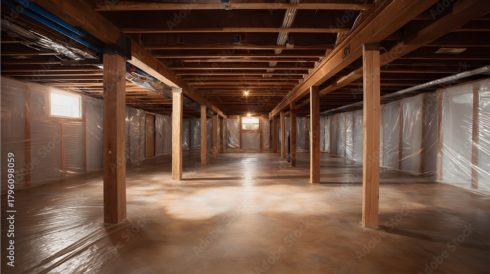 Fototapeta premium Subterranean living space features exposed wooden beams and support posts over a concrete floor