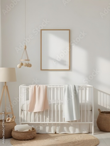 Cozy nursery room interior with a white crib, a wooden frame mockup, a lamp, and a mobile, creating a serene and inviting atmosphere for babys comfort