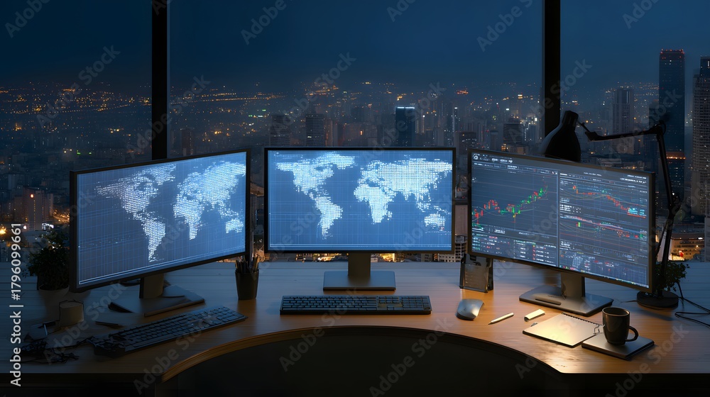 Naklejka premium Modern office workstation displays global data and financial charts overlooking a nocturnal metropolis