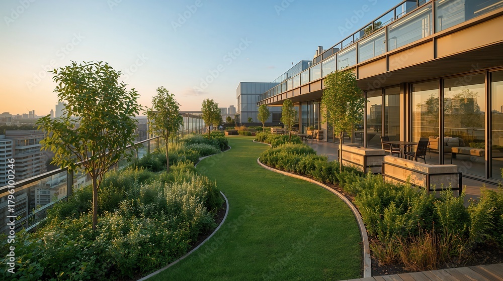 Naklejka premium Rooftop garden with lush greenery, a curved grassy path, and city views under a clear sky.