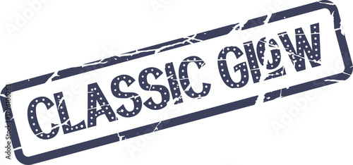 Vintage textured Classic Glow rubber stamp with a distressed dark blue ink effect on a clean white surface