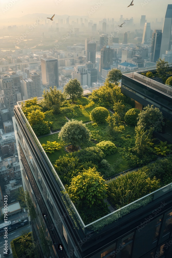 Naklejka premium Lush rooftop garden atop skyscraper. Green space blends with urban skyline; nature meets city.