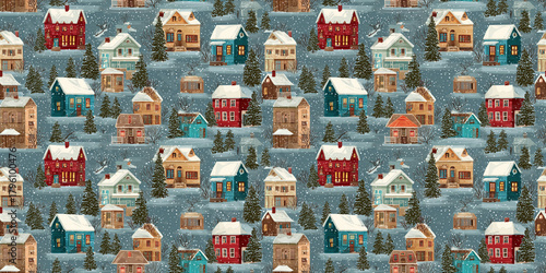 Seamless Pattern of Winter Village with Snowfall and Cozy Houses on Light Blue Background, Calm Christmas Scene for Wrapping Paper and Home Decor