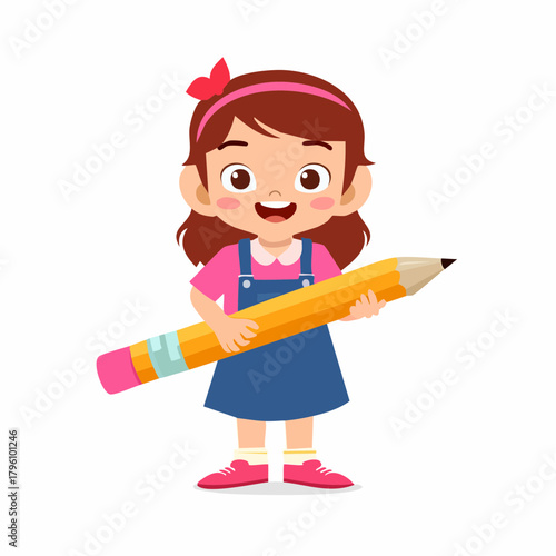 Cheerful Cartoon Girl Holding a Giant Pencil.
