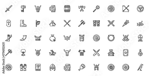 Viking_6078 icon set. Vector illustration featuring ymbols for sword, Thor hamer, skull, beer, axe, helmt, shield, ship, runes andmore.