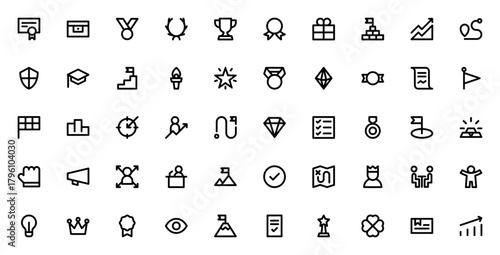 Success icon set. Vector achievement symbols collecton. Includes medal, trophy crown, award, goal, victoy, winner, growth, trophy,diploma, star and more.