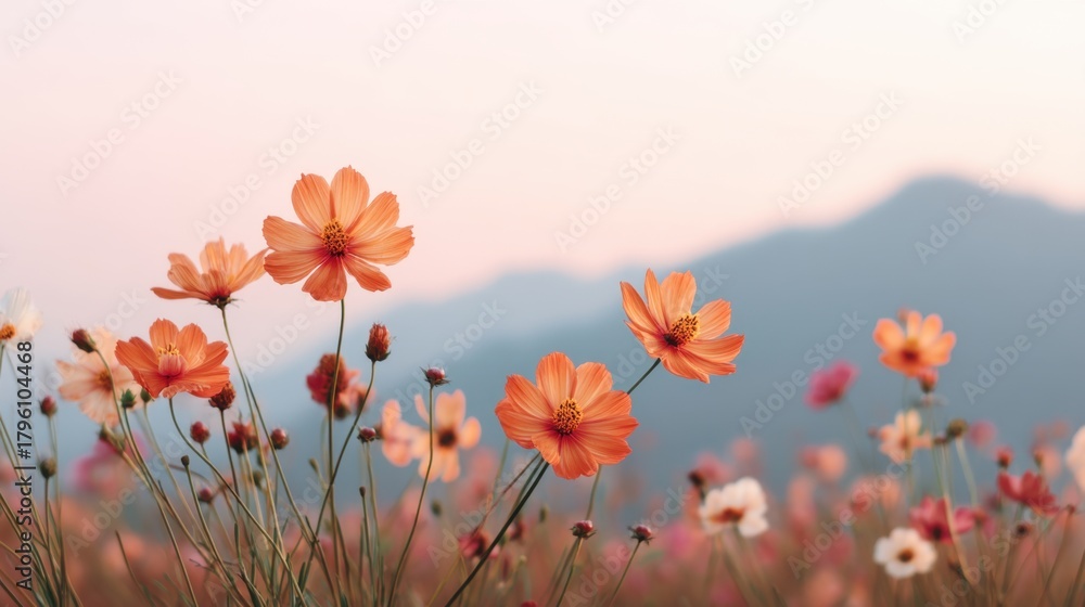 Obraz premium Vibrant Orange Flowers in a Serene Landscape with Soft Mountains in the Background Under a Gentle Sunrise Sky
