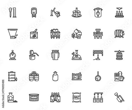 Distilling and brewing icon set. Vector illustration Includes symbols for beer malt, barrels, brewing, dstillation, boiler, grinde, press and more.