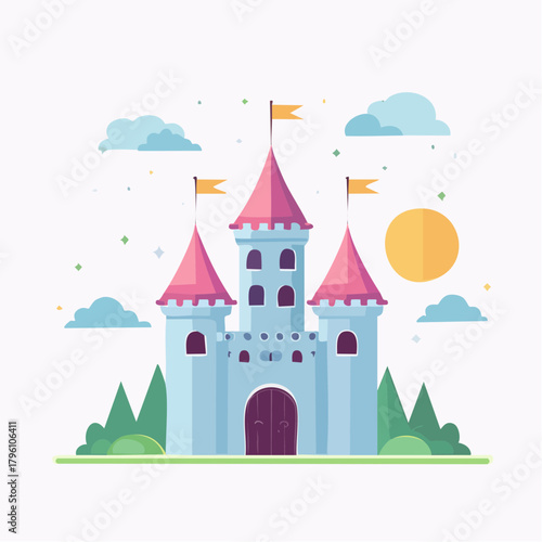 Colorful Cartoon Castle with Pink Roofs and Flags.