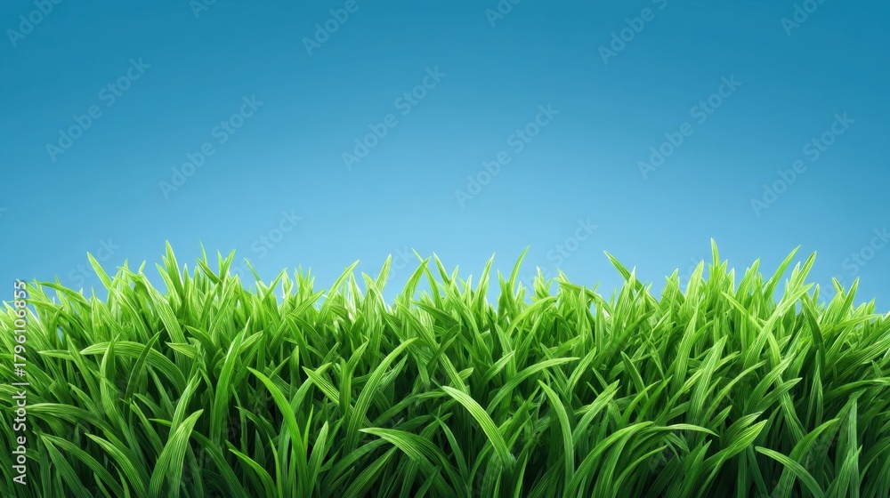 Fototapeta premium Vibrant Green Grass Landscape Against a Bright Blue Sky with a Clear Horizon, Ideal for Nature Themes and Outdoor Blessings in Photographic Art