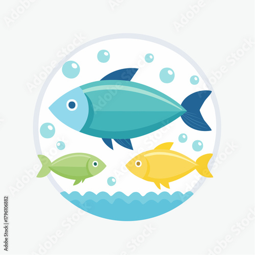 Colorful Cartoon Fish Swimming in Water with Bubbles.