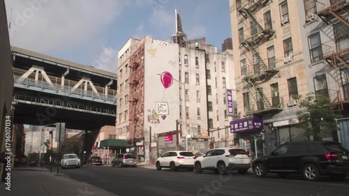 Establishing shot of a city street in Lower East Side Manhattan
