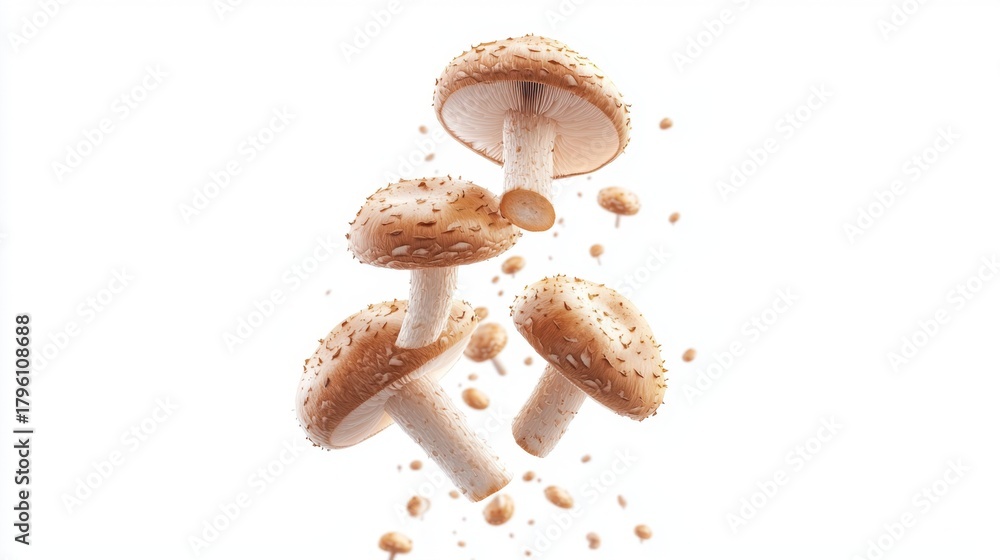 Fototapeta premium Floating Mushrooms on White Background with Suspended Particles Creating a Unique and Eye-Catching Culinary Visual
