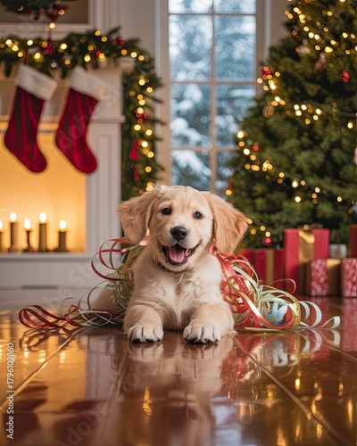 Adorable Golden Retriever Puppy with Ribbons Lying on Floor in Festive Christmas Living Room with Tree Stockings and Gifts