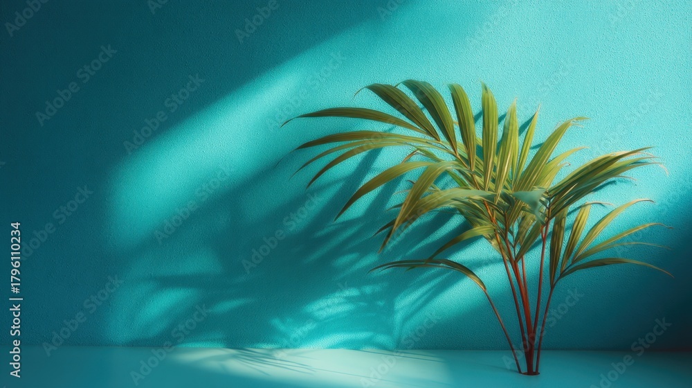 Obraz premium Vibrant Tropical Plant Casting Shadows on Bright Blue Wall with Sunlight Illuminating the Scene in a Minimalist Interior Design Setting
