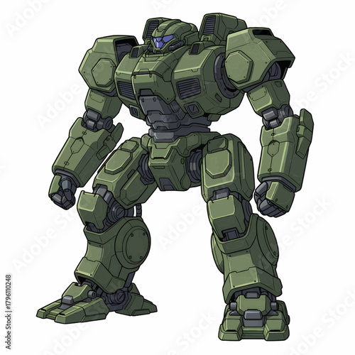 Aggressive Stance of a Mecha Suit, Emphasizing its Heavy Armor and Articulated Joints