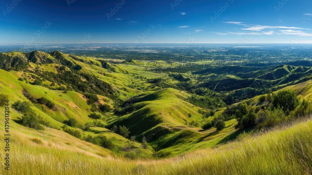 Obraz premium Breathtaking Scenic View of Rolling Green Hills Under Bright Blue Sky with Expansive Horizon and Vibrant Natural Landscape in Daylight