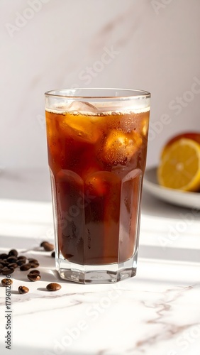 Glass of Dark Cold Brew Coffee on Clean Marble Surface Minimal Style