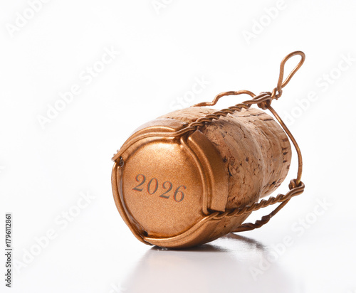 New Years 2026 Concept: A Champagne cork with cage and the year 2026 embossed on the cap.