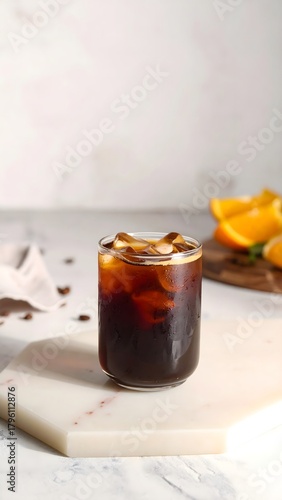 Glass of Dark Cold Brew Coffee on Clean Marble Surface Minimal Style