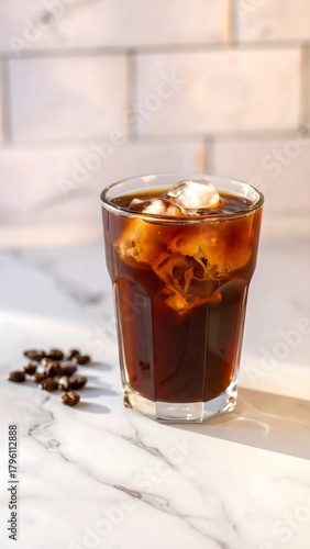 Glass of Dark Cold Brew Coffee on Clean Marble Surface Minimal Style