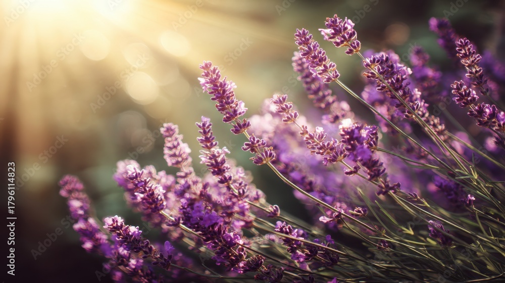Fototapeta premium Beautiful lavender flowers basking in golden sunlight with a soft bokeh background, creating a serene and calming atmosphere in nature's garden