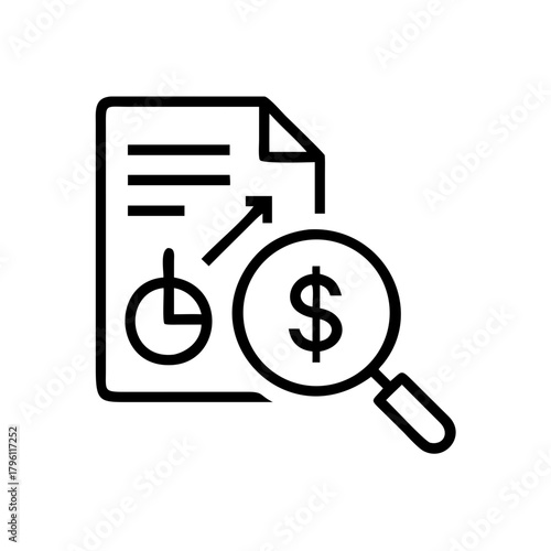 Illustration of a financial document under a magnifying glass, focusing on financial analysis. A document with chart, an arrow, dollar sign represent for data analyze