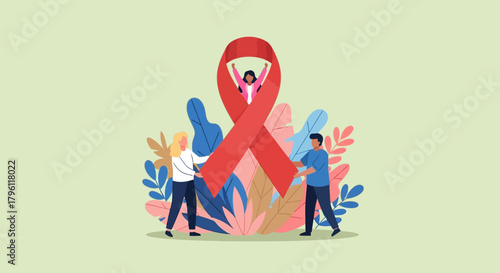 Community Supporting AIDS Awareness with Giant Red Ribbon