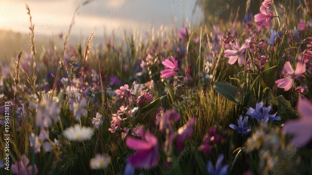 Obraz premium Sunlit Meadow Blossoms: Vibrant Wildflowers Creating a Colorful tapestry Among Green Grass in a Serene Natural Landscape at Dawn