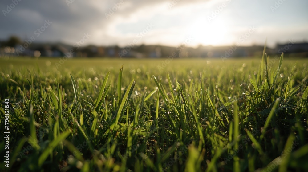 Fototapeta premium Close-up View of Fresh Green Grass with Dew Drops at Sunset Over a Calm Landscape in a Suburban Area