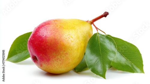 Yellow pear with a red blush and leaf, isolated on white. Includes clipping path.