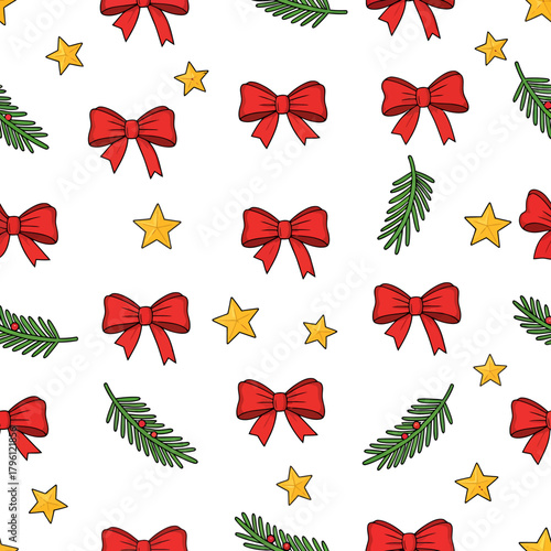 Dense Uniform Holiday Background Pattern Featuring Bright Red Bows and Stylized Golden Stars.