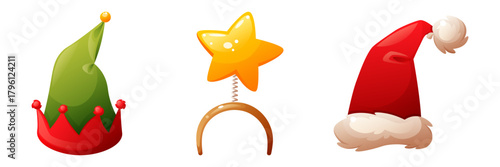 Three festive hats including a green elf hat, a yellow star headband, and a classic red Santa Claus hat with white trim.