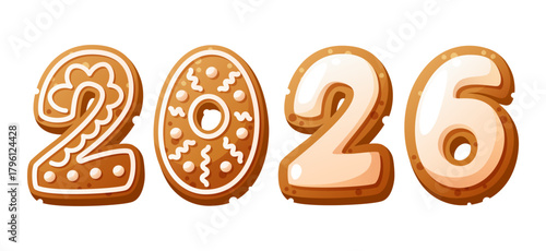 Gingerbread cookies shaped as the numbers 2026. The cookies are decorated with white icing and intricate designs. They have a golden-brown color and a festive appearance.