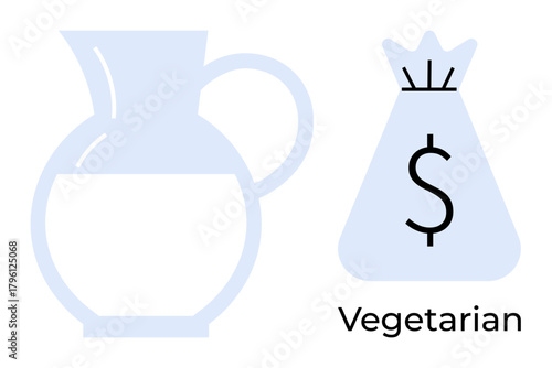Milk jug and money bag icon featuring dollar sign and vegetarian label, reflecting financial considerations of plant-based diets. Ideal for budgeting, nutrition, veganism, eco-friendly concepts, food