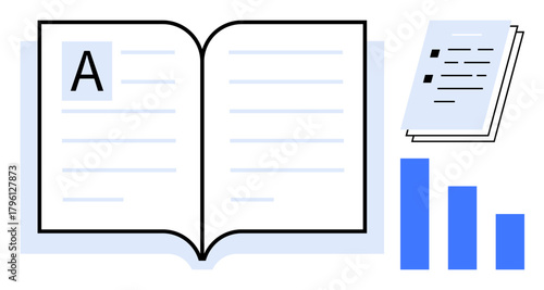 Open book with large letter A, stacked documents, and bar graph in blue. Ideal for education, reading, knowledge sharing, data analysis, research content creation learning. A simple flat metaphor