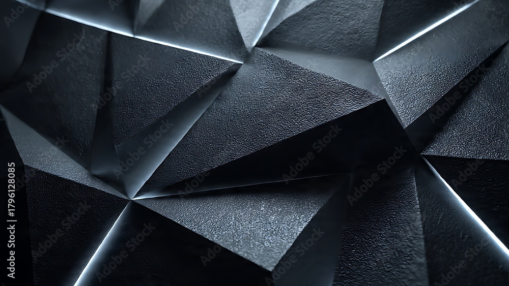 Fototapeta premium A futuristic abstract background featuring a dark, textured polygonal surface with glowing light seams, evoking a sense of modern technology