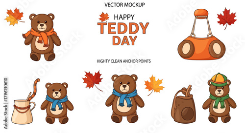 Cute cartoon teddy bears with autumn leaves and various accessories celebrating Teddy Day, vector illustration set.