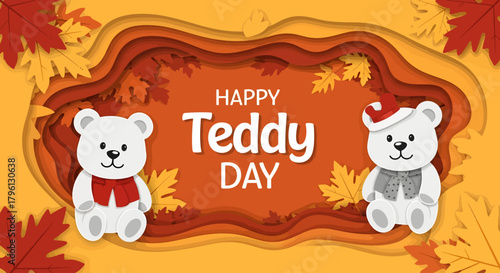 A festive illustration for Happy Teddy Day featuring two cute white teddy bears with scarves and a Santa hat, set against an autumnal background with layered paper cutouts and colorful leaves.