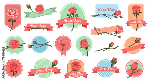 A collection of vintage-style Rose Day badges, labels, and banners featuring red roses and thorny branches on various pastel-colored backgrounds.