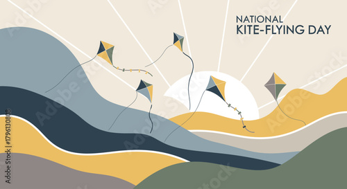 A stylized illustration of kites flying over rolling hills under a sunny sky, celebrating National Kite-Flying Day.