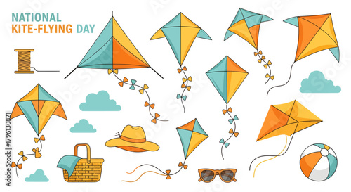A collection of colorful kites and picnic items for National Kite-Flying Day celebration.