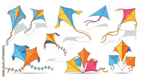 A vibrant collection of colorful kites in various shapes and sizes, some flying high with tails, others grouped on the ground.