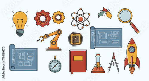 A collection of colorful icons representing various aspects of science, technology, engineering, and innovation, including a lightbulb, gears, atom, robotic arm, blueprints, and a rocket.