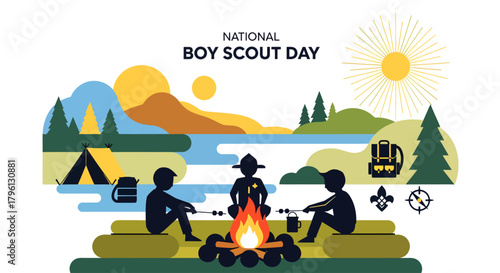 Illustration of three boy scouts camping around a campfire, roasting marshmallows, celebrating National Boy Scout Day with a scenic outdoor background.
