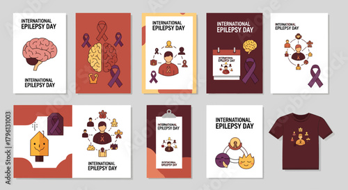 Set of ten graphic designs and a t-shirt for International Epilepsy Day, featuring brains, ribbons, and community illustrations.