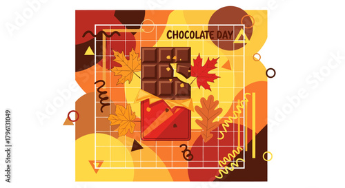 Chocolate Day celebration with a chocolate bar, autumn leaves, and abstract geometric patterns in warm fall colors.