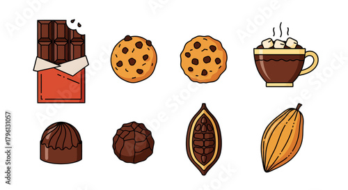 A delightful assortment of chocolate items, including a bar, cookies, hot cocoa, truffles, and raw cocoa pods.
