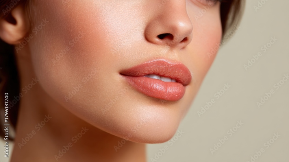 Fototapeta premium Close-up of a woman's face highlighting smooth skin, full lips, and natural beauty against a soft neutral background for beauty and cosmetics projects