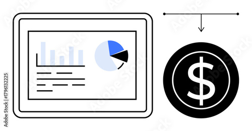 Tablet screen with charts, graphs, and data tracking linked to a dollar symbol, representing financial analysis, market strategy, profit growth. Ideal for business, data analysis, strategy finance